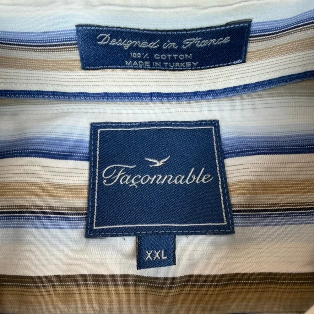 Faconnable Mens XXL‎ Blue/Tan/White Striped Long Sleeve Button Down Cotton Shirt
